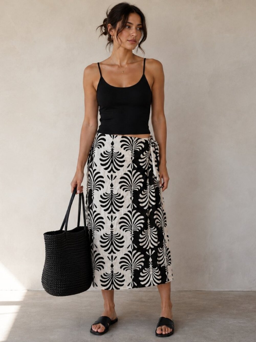Rachel Zoe Wrap Skirt Linen Blend Tropical Minimalistic Black White Print Size S